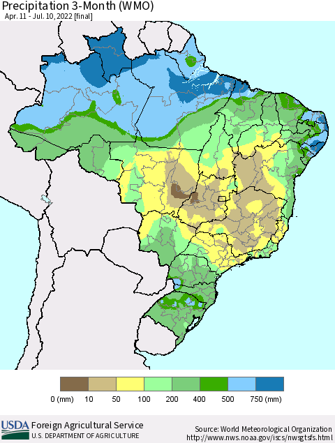 Brazil Precipitation 3-Month (WMO) Thematic Map For 4/11/2022 - 7/10/2022