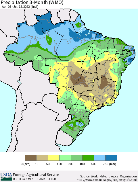 Brazil Precipitation 3-Month (WMO) Thematic Map For 4/16/2022 - 7/15/2022