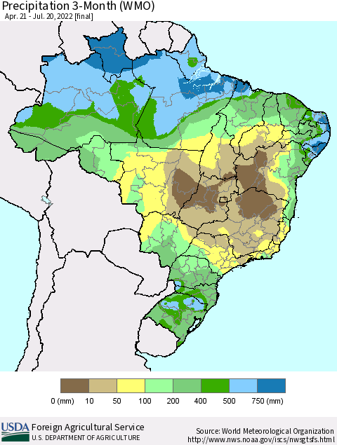 Brazil Precipitation 3-Month (WMO) Thematic Map For 4/21/2022 - 7/20/2022