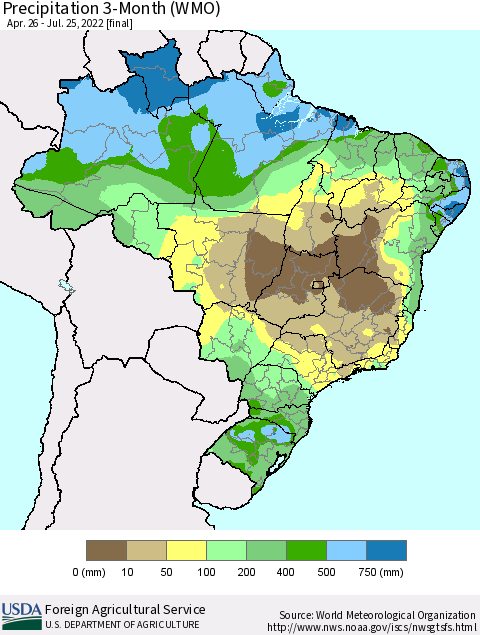 Brazil Precipitation 3-Month (WMO) Thematic Map For 4/26/2022 - 7/25/2022