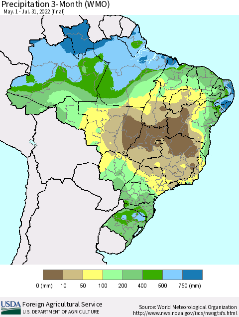 Brazil Precipitation 3-Month (WMO) Thematic Map For 5/1/2022 - 7/31/2022