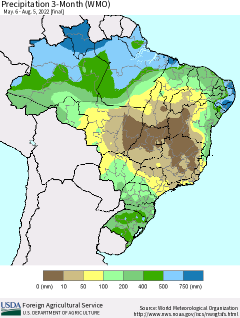 Brazil Precipitation 3-Month (WMO) Thematic Map For 5/6/2022 - 8/5/2022