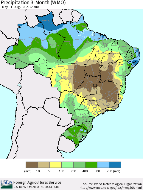 Brazil Precipitation 3-Month (WMO) Thematic Map For 5/11/2022 - 8/10/2022
