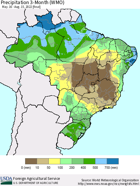 Brazil Precipitation 3-Month (WMO) Thematic Map For 5/16/2022 - 8/15/2022