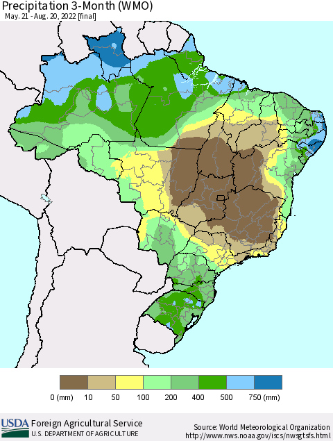 Brazil Precipitation 3-Month (WMO) Thematic Map For 5/21/2022 - 8/20/2022