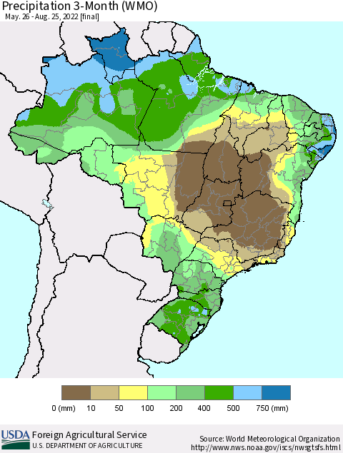 Brazil Precipitation 3-Month (WMO) Thematic Map For 5/26/2022 - 8/25/2022