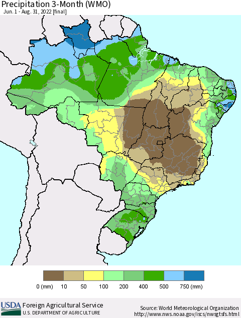 Brazil Precipitation 3-Month (WMO) Thematic Map For 6/1/2022 - 8/31/2022