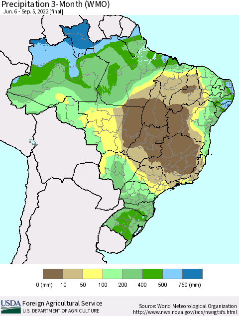 Brazil Precipitation 3-Month (WMO) Thematic Map For 6/6/2022 - 9/5/2022
