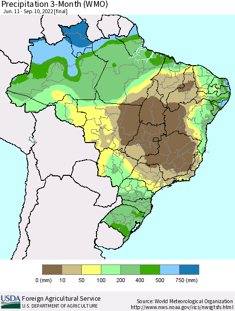 Brazil Precipitation 3-Month (WMO) Thematic Map For 6/11/2022 - 9/10/2022