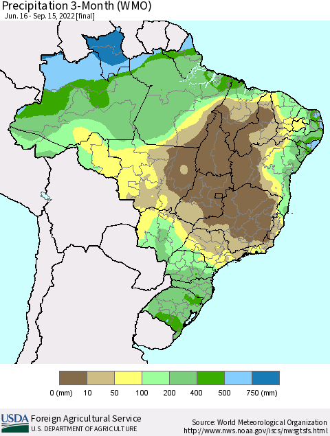 Brazil Precipitation 3-Month (WMO) Thematic Map For 6/16/2022 - 9/15/2022