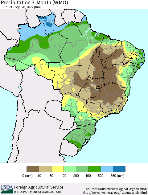 Brazil Precipitation 3-Month (WMO) Thematic Map For 6/21/2022 - 9/20/2022