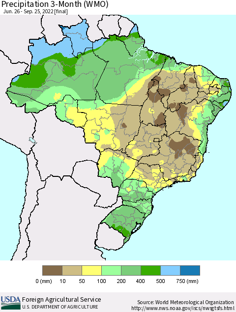 Brazil Precipitation 3-Month (WMO) Thematic Map For 6/26/2022 - 9/25/2022