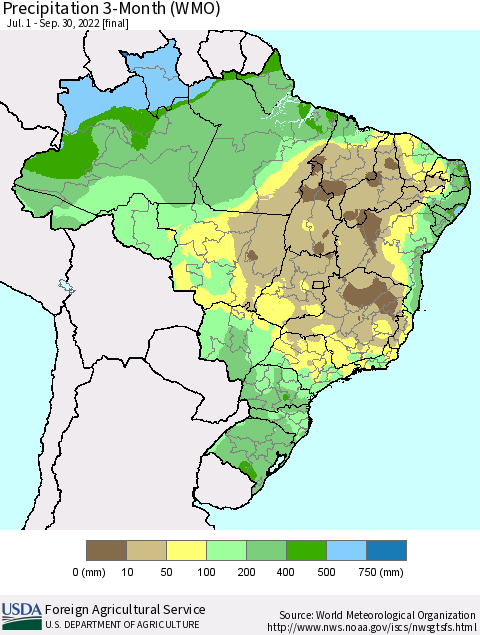 Brazil Precipitation 3-Month (WMO) Thematic Map For 7/1/2022 - 9/30/2022