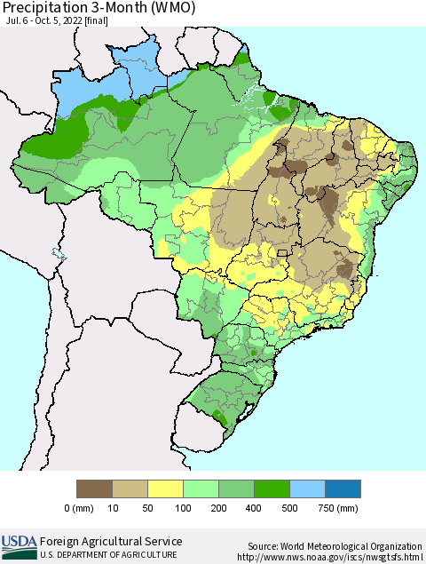 Brazil Precipitation 3-Month (WMO) Thematic Map For 7/6/2022 - 10/5/2022
