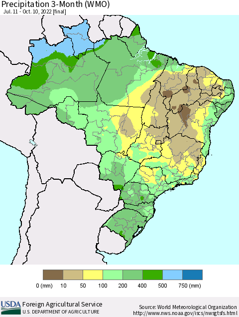 Brazil Precipitation 3-Month (WMO) Thematic Map For 7/11/2022 - 10/10/2022