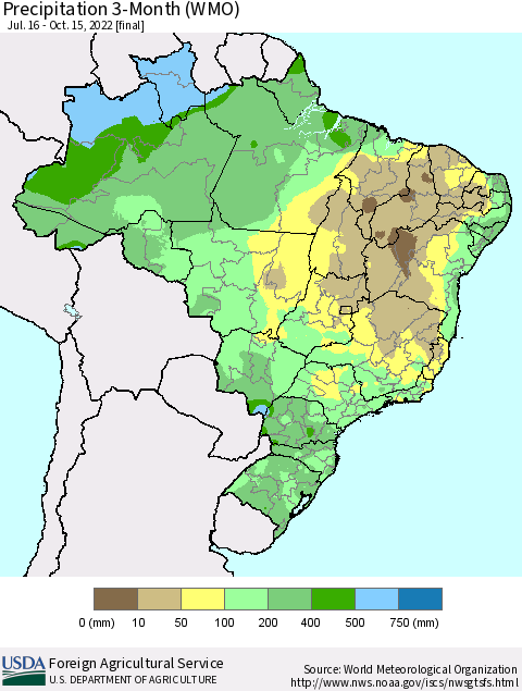 Brazil Precipitation 3-Month (WMO) Thematic Map For 7/16/2022 - 10/15/2022