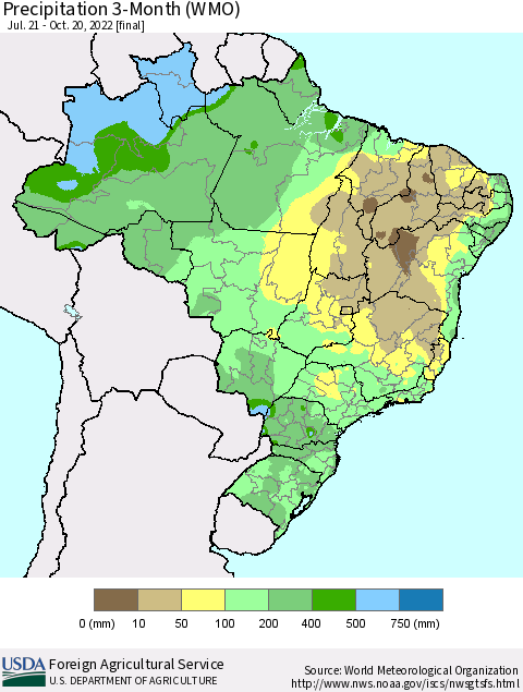 Brazil Precipitation 3-Month (WMO) Thematic Map For 7/21/2022 - 10/20/2022