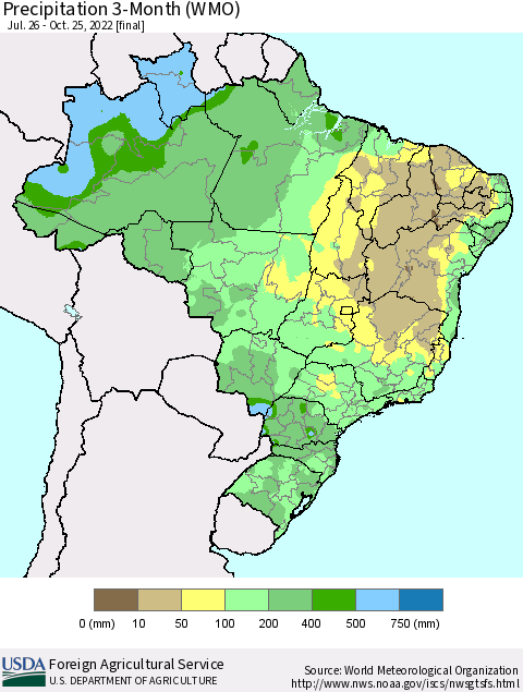 Brazil Precipitation 3-Month (WMO) Thematic Map For 7/26/2022 - 10/25/2022