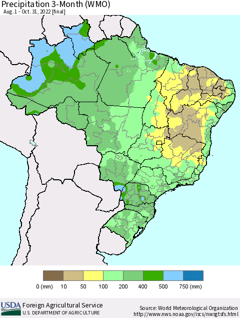 Brazil Precipitation 3-Month (WMO) Thematic Map For 8/1/2022 - 10/31/2022