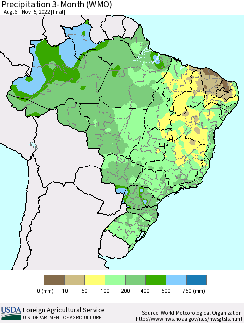 Brazil Precipitation 3-Month (WMO) Thematic Map For 8/6/2022 - 11/5/2022