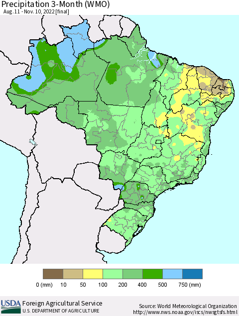 Brazil Precipitation 3-Month (WMO) Thematic Map For 8/11/2022 - 11/10/2022