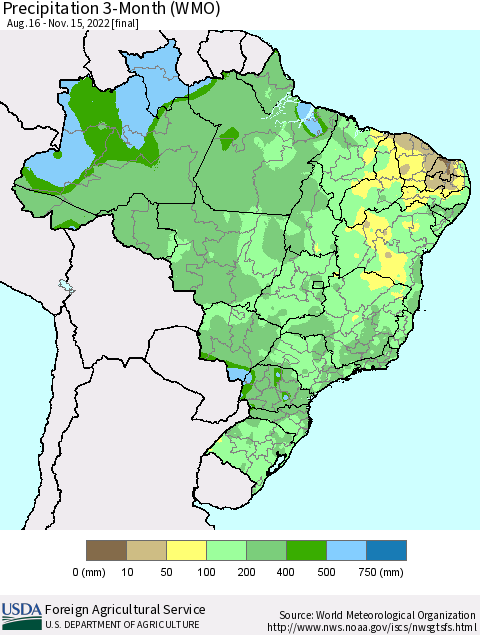 Brazil Precipitation 3-Month (WMO) Thematic Map For 8/16/2022 - 11/15/2022