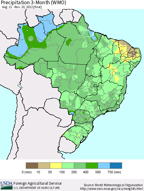Brazil Precipitation 3-Month (WMO) Thematic Map For 8/21/2022 - 11/20/2022