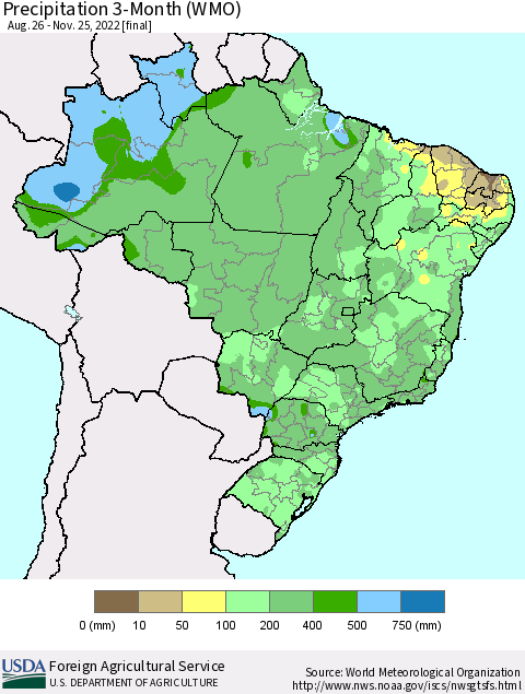 Brazil Precipitation 3-Month (WMO) Thematic Map For 8/26/2022 - 11/25/2022