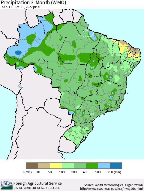 Brazil Precipitation 3-Month (WMO) Thematic Map For 9/11/2022 - 12/10/2022
