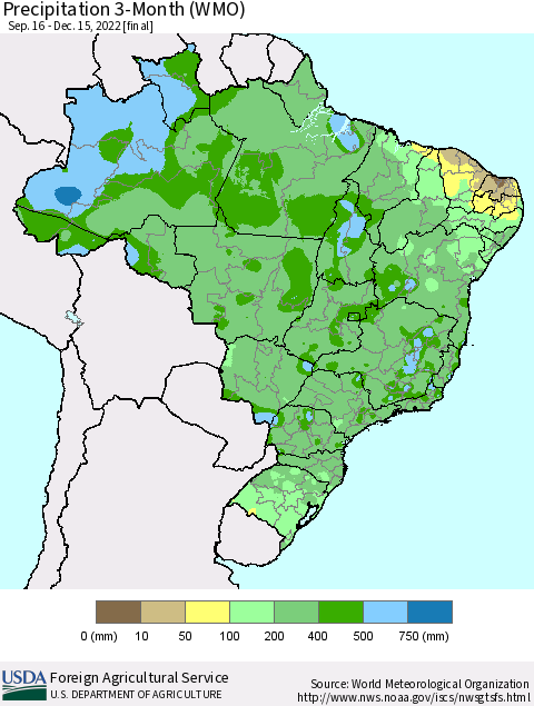 Brazil Precipitation 3-Month (WMO) Thematic Map For 9/16/2022 - 12/15/2022