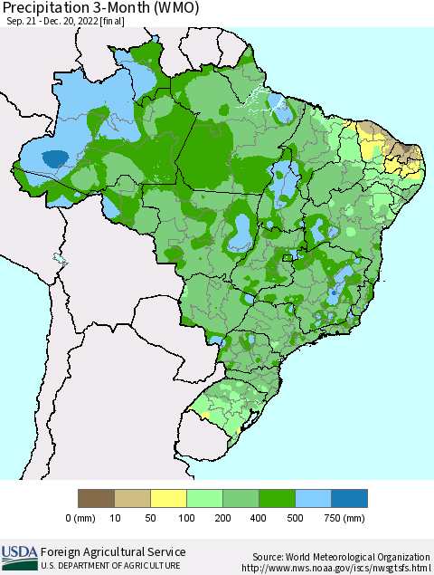 Brazil Precipitation 3-Month (WMO) Thematic Map For 9/21/2022 - 12/20/2022