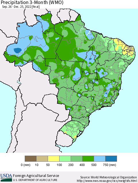 Brazil Precipitation 3-Month (WMO) Thematic Map For 9/26/2022 - 12/25/2022