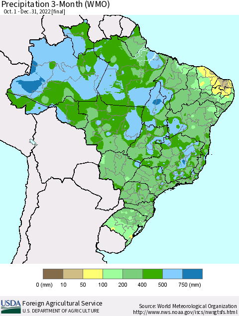 Brazil Precipitation 3-Month (WMO) Thematic Map For 10/1/2022 - 12/31/2022