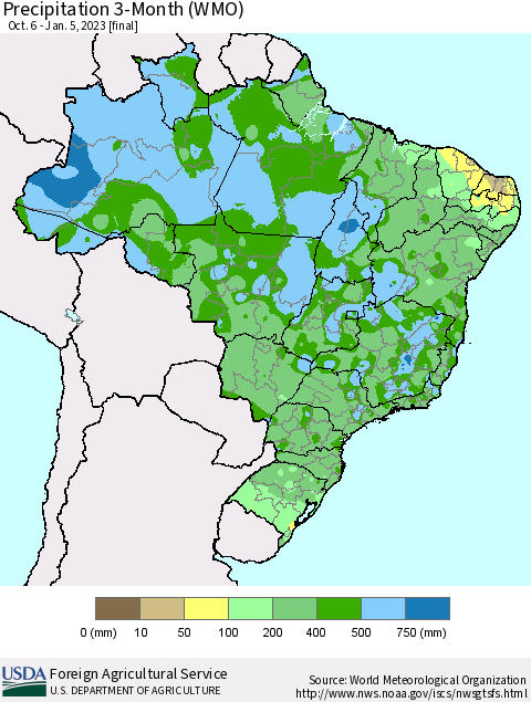 Brazil Precipitation 3-Month (WMO) Thematic Map For 10/6/2022 - 1/5/2023