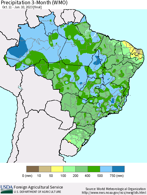 Brazil Precipitation 3-Month (WMO) Thematic Map For 10/11/2022 - 1/10/2023