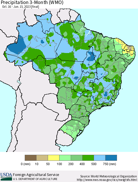 Brazil Precipitation 3-Month (WMO) Thematic Map For 10/16/2022 - 1/15/2023