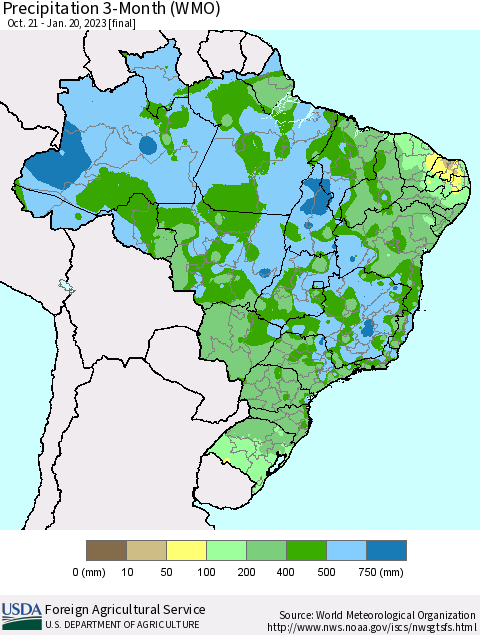 Brazil Precipitation 3-Month (WMO) Thematic Map For 10/21/2022 - 1/20/2023