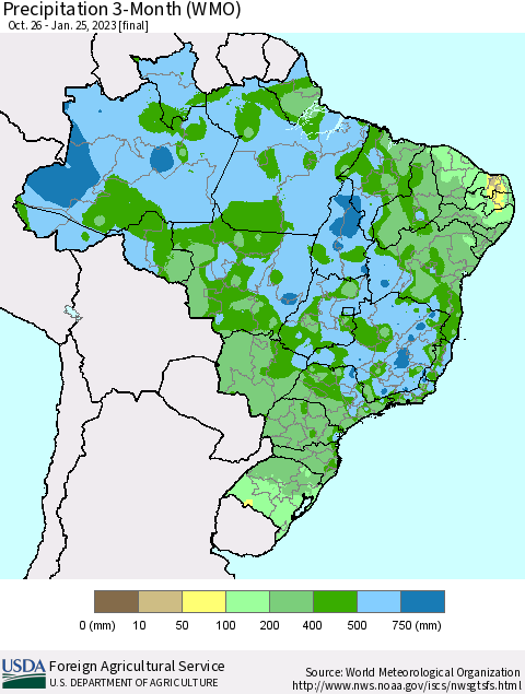 Brazil Precipitation 3-Month (WMO) Thematic Map For 10/26/2022 - 1/25/2023