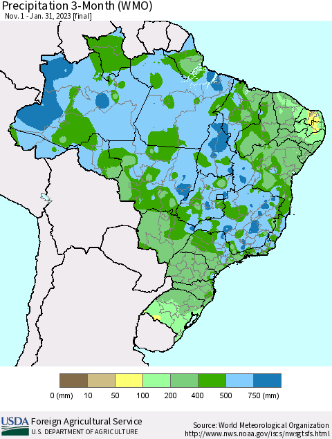 Brazil Precipitation 3-Month (WMO) Thematic Map For 11/1/2022 - 1/31/2023