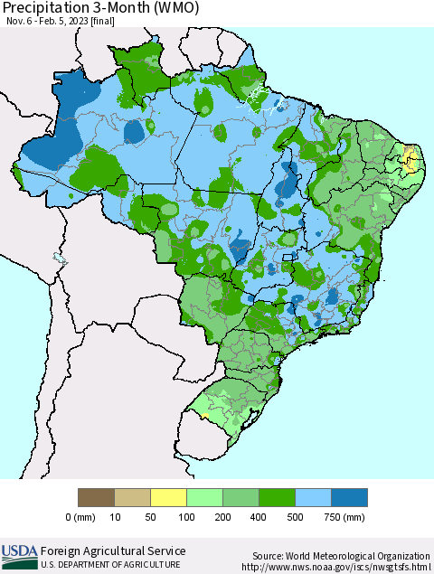 Brazil Precipitation 3-Month (WMO) Thematic Map For 11/6/2022 - 2/5/2023