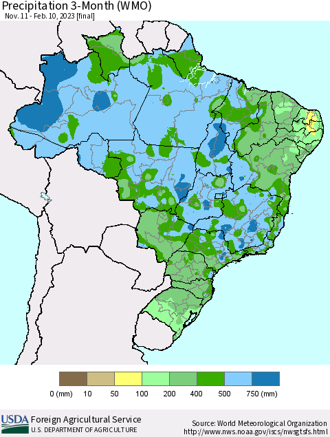 Brazil Precipitation 3-Month (WMO) Thematic Map For 11/11/2022 - 2/10/2023