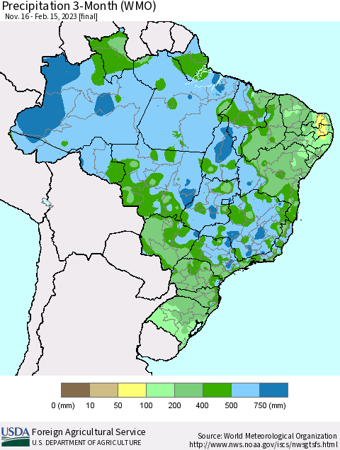 Brazil Precipitation 3-Month (WMO) Thematic Map For 11/16/2022 - 2/15/2023