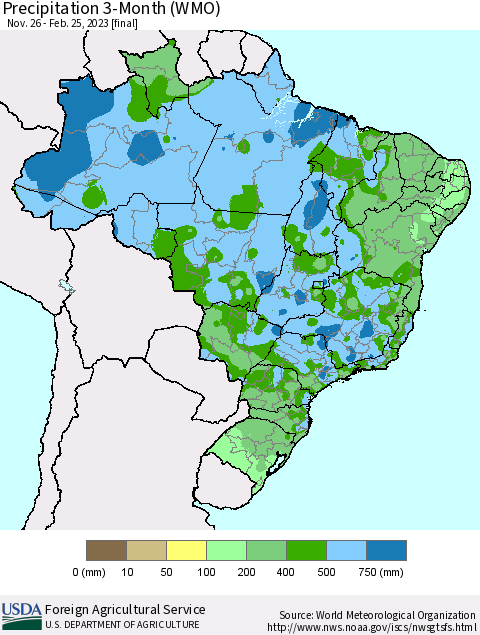 Brazil Precipitation 3-Month (WMO) Thematic Map For 11/26/2022 - 2/25/2023