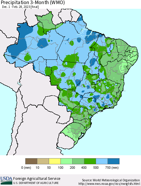 Brazil Precipitation 3-Month (WMO) Thematic Map For 12/1/2022 - 2/28/2023