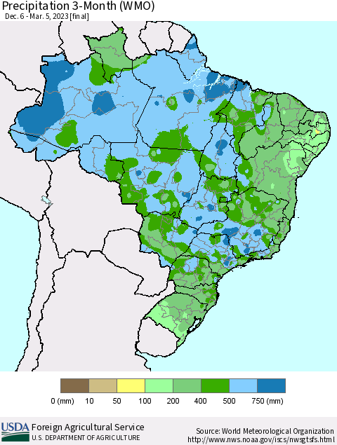 Brazil Precipitation 3-Month (WMO) Thematic Map For 12/6/2022 - 3/5/2023