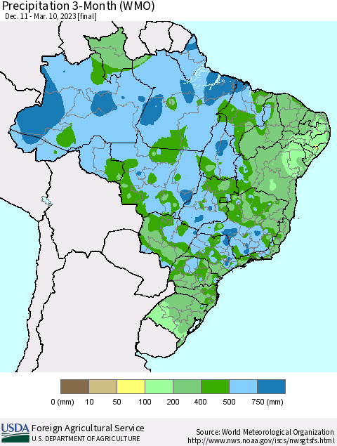 Brazil Precipitation 3-Month (WMO) Thematic Map For 12/11/2022 - 3/10/2023