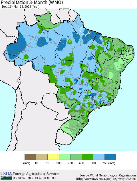 Brazil Precipitation 3-Month (WMO) Thematic Map For 12/16/2022 - 3/15/2023