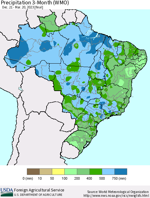 Brazil Precipitation 3-Month (WMO) Thematic Map For 12/21/2022 - 3/20/2023