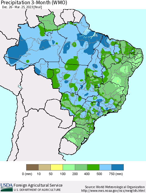 Brazil Precipitation 3-Month (WMO) Thematic Map For 12/26/2022 - 3/25/2023
