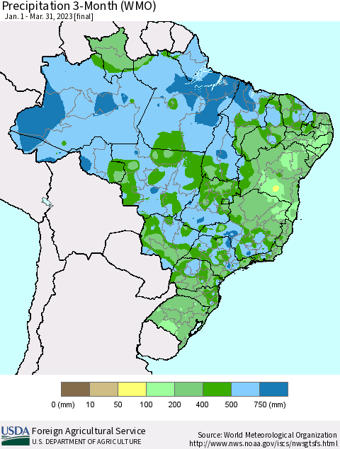 Brazil Precipitation 3-Month (WMO) Thematic Map For 1/1/2023 - 3/31/2023